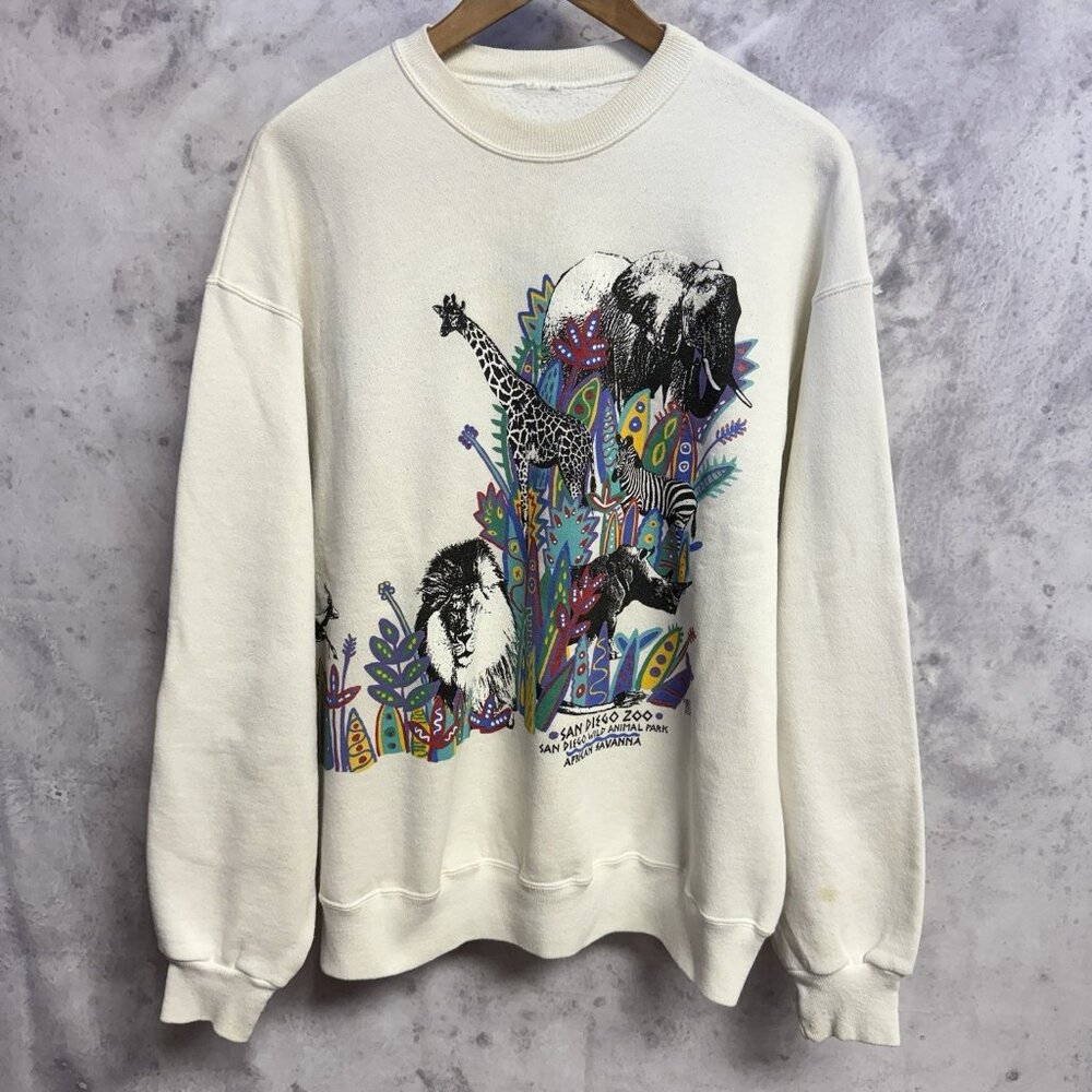 Vintage San Diego Zoo Sweatshirt Mens M White Nature Animals Y2K 90s